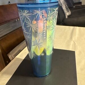Starbucks Holographic Blue Travel Tumbler with White Starburst Pattern